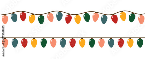 
A garland of glowing bulbs. Christmas lights mounted on a banner. Colorful garland. Icicle. Christmas decoration. Flat design.
