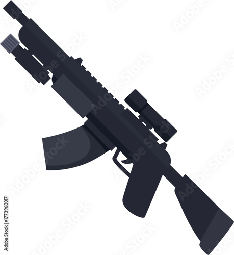 Powerful assault rifle featuring a flashlight and scope, ideal for military or tactical applications