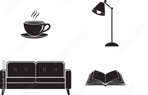 Cozy living room elements including a sofa book lamp and coffee cup