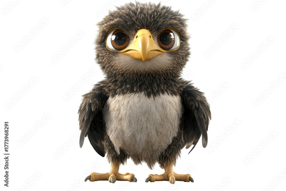 Naklejka premium Cute baby eagle standing isolated on a white background looking curiously with large bright eyes and fluffy feathers