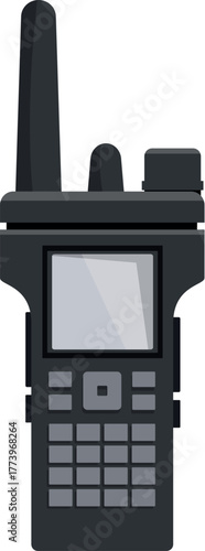 Portable radio transceiver device emitting radio waves, featuring an antenna, display, and keypad