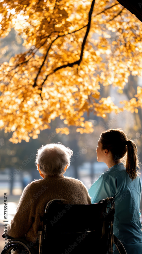 Fototapeta premium A young nurse caring for an elderly woman. AI generative.
