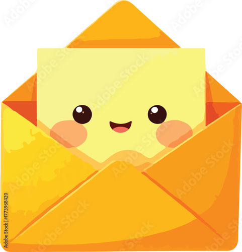 Adorable Kawaii Letter Peeking from Open Orange Envelope