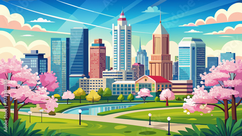 Very beautiful downtown Indianapolis, Indiana, USA, south view of the skyline in spring, featuring blooming trees, modern architecture, and clear blue skies over the vibrant urban landscape.