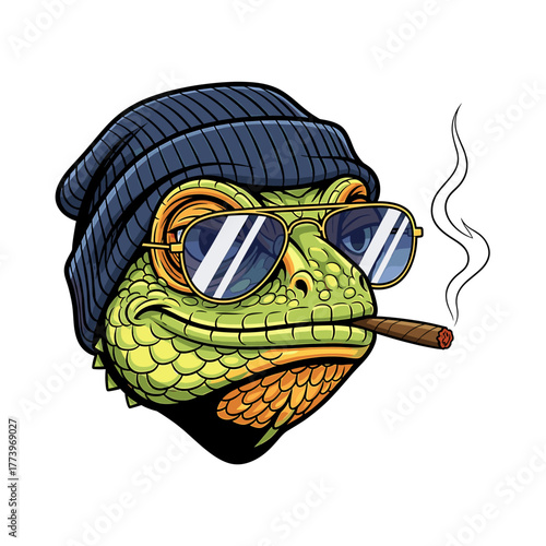 A cool lizard wearing a beanie and sunglasses, smoking a cigar.