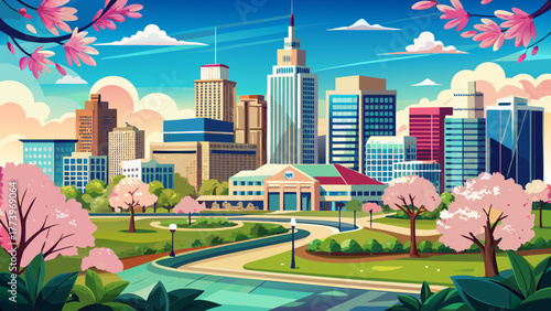 Very beautiful downtown Indianapolis, Indiana, USA, south view of the skyline in spring, featuring blooming trees, modern architecture, and clear blue skies over the vibrant urban landscape.