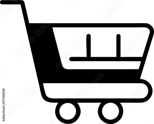 Black silhouette vector icon of a shopping cart, symbolizing e-commerce, online retail, digital purchasing, and consumer transaction