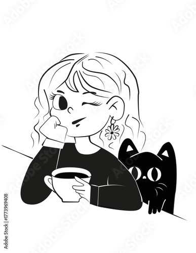 A girl with a cat sitting at a table, with a cup of coffee nearby. The atmosphere is cozy and calm, the image is in light tones, creating a pleasant feeling of home comfort.