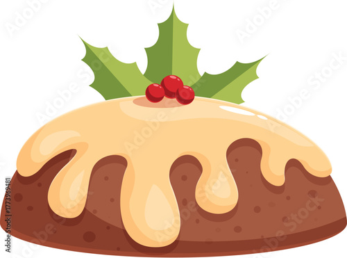 Christmas pudding with holly and custard on white background