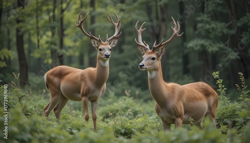 a pair of elegant deer stand in the green wild looking so attractive