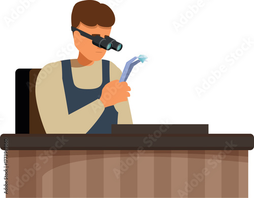 Jeweler carefully examining a diamond with magnifying glass and tweezers, working on a precious gemstone at his workbench