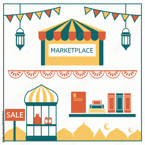  Colorful Traditional Bazaar Market Sale Banner Template with Ornamental Border Decorative Patterns Merchant Stall Elements Product Display Festive Shopping Promotional Horizontal Layout Vector Design
