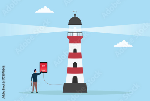 Vector illustration of a businessman turning on a lighthouse light using a large switch, symbolizing leadership, responsibility, guidance, and the power to bring clarity or direction
