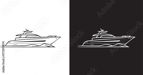 yacht illustration split black white line art deck mast radar motion
