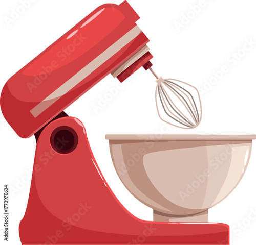 Red electric stand mixer with a whisk attachment, preparing ingredients in a bowl, ideal for baking and cooking tasks