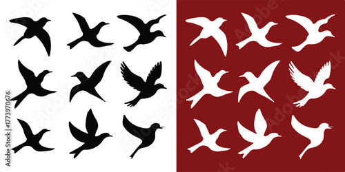 bird silhouette grid set of twelve flying pose icons for layout