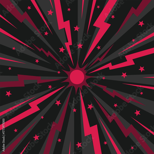Pop Art Comic Red Background with Stars and Lightning Bolts