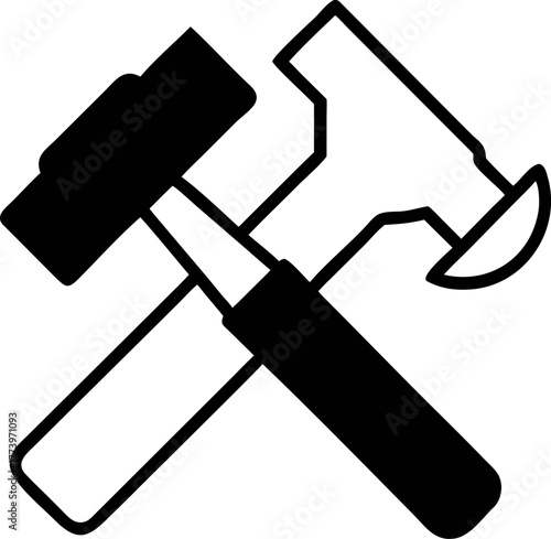 Crossed hammer and chisel icon, representing construction, labor, and skilled trades in a black and white graphic