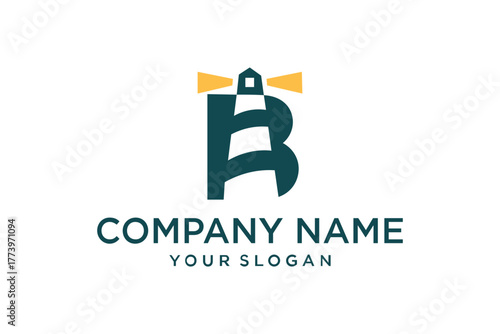 Modern Letter B Lighthouse Logo Design with Radiating Light Beams
