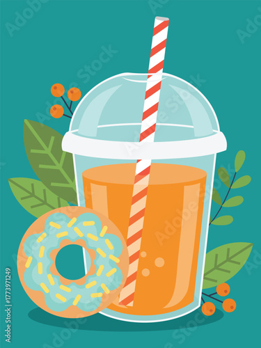 Fresh Juice and Donut Flat Vector Illustration – Colorful Summer Drink and Sweet Snack Design