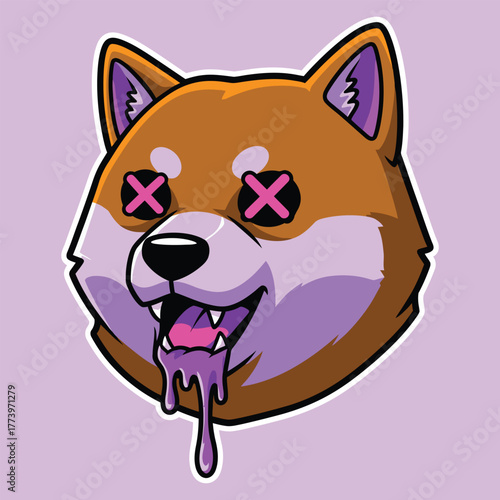 Cool Shiba Inu Dog Head Vector Illustration – Dripping Pop Art Style with Modern Cartoon Design