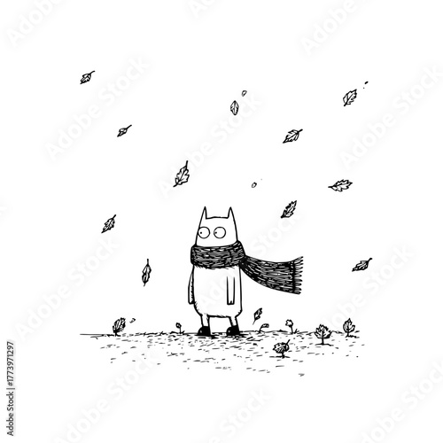 Cartoon cat with a scarf standing in falling leaves in a black and white drawing style illustration