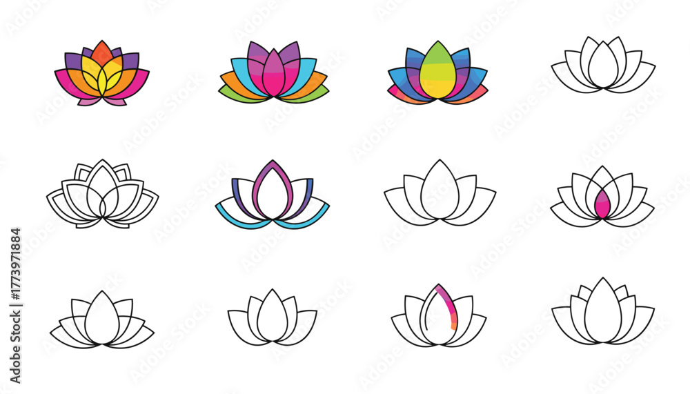 Fototapeta premium Vibrant and serene lotus flower icons in a modern clean design perfect for wellness and spiritual branding
