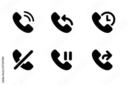 Set of six black telephone icons representing communication actions such as ringing missed call history call forwarding and call waiting on a white background
