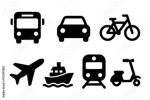 Collection of Black Silhouettes of Transportation Vehicles Including Bus Car Bicycle Airplane Ship Train and Scooter on White Background