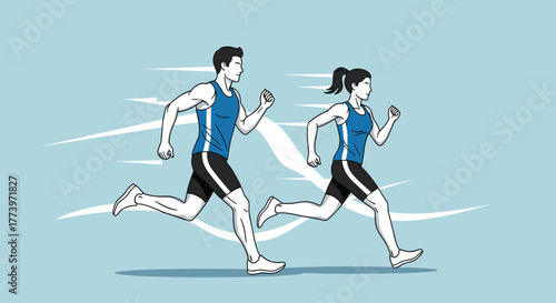Dynamic duo sprinting together embodying fitness competition and the thrill of athletic achievement in a vibrant energetic scene