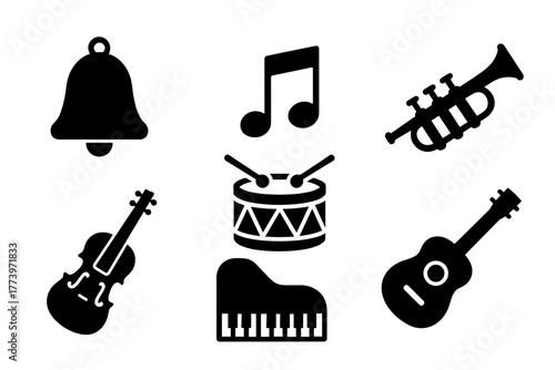 Collection Of Musical Instruments And Symbols Including Bell Trumpet Violin Drum Piano And Guitar On White Background