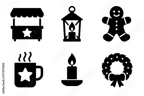 Collection of six black and white Christmas icons featuring a market stall a lantern a gingerbread man a steaming mug a candle and a wreath with a bow against a white background