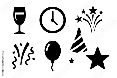 Collection of black celebration icons including a champagne glass a clock a party hat confetti balloons and fireworks on a white background