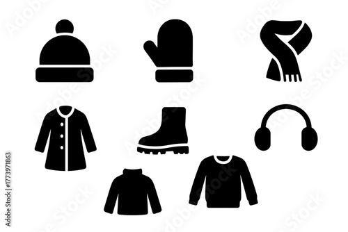 Collection of winter clothing icons including a beanie hat mittens a scarf a coat a boot two sweaters and earmuffs on a white background suitable for design elements