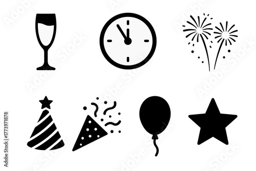 Simple illustration of a white clock face showing nearly 12 o'clock with a small abstract shape and a scattering of dots against a black background representing abstract concepts or time passing