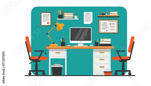 Modern home office setup with computer desk lamp and chairs creating a productive workspace for remote work and study