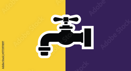 Modern faucet icon on vibrant yellow and purple split background symbolizing water utilities and essential services