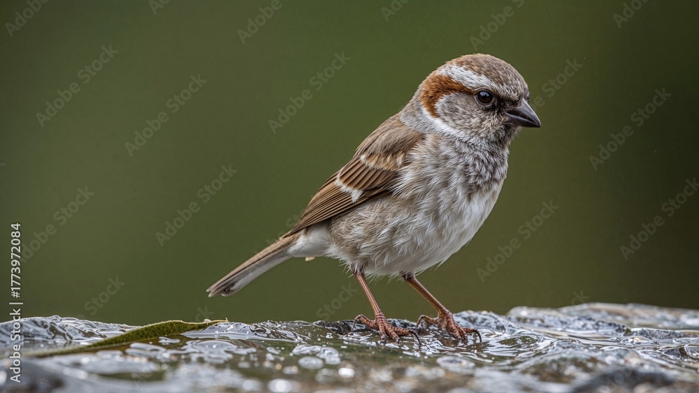 Fototapeta premium A sparrow perched on a surface with a blurred green background.