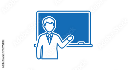 Professional teacher gesturing towards a blue chalkboard ready to explain concepts and educate students in a modern classroom setting