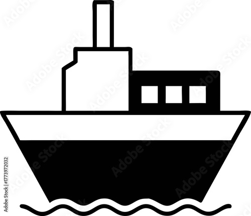 Simple black and white silhouette of a ship sailing on the water, a flat illustration, ideal for travel and maritime projects
