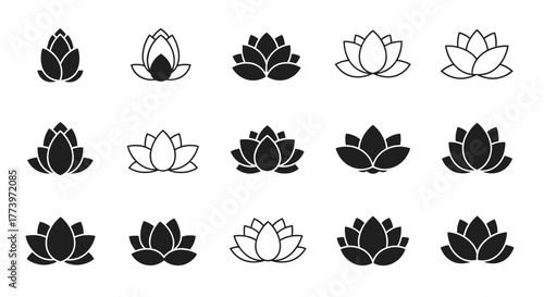 Discover serene beauty with these elegant lotus flower icons perfect for wellness spa and yoga branding projects