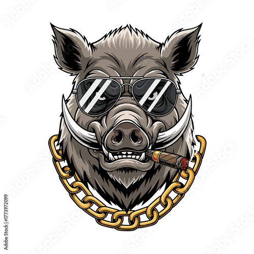 A stylized illustration of a wild boar wearing sunglasses and a gold chain.