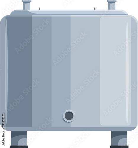 Shiny metal tank with pipes and valves, used for storing liquids in industrial settings