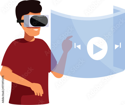 Man wearing vr headset watching video using futuristic interface pressing play button