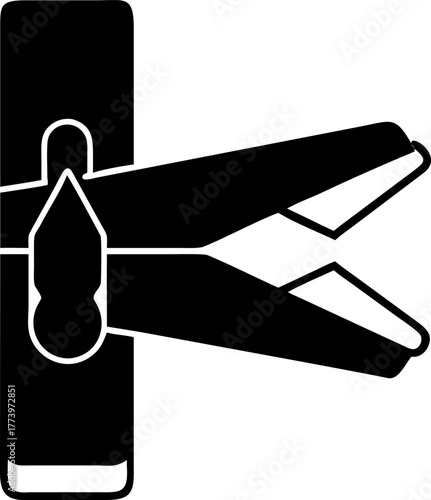Black and white vector illustration of a single clothespin clipped onto a vertical clothesline for hanging laundry to dry