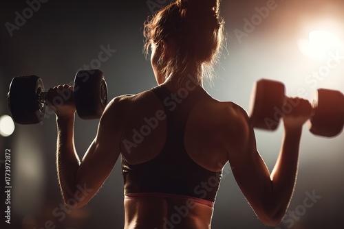 Focused woman exercising with dumbbells under bold lighting, emphasizing effort, strength and athletic performance, suitable for wellness, sport and motivational visuals