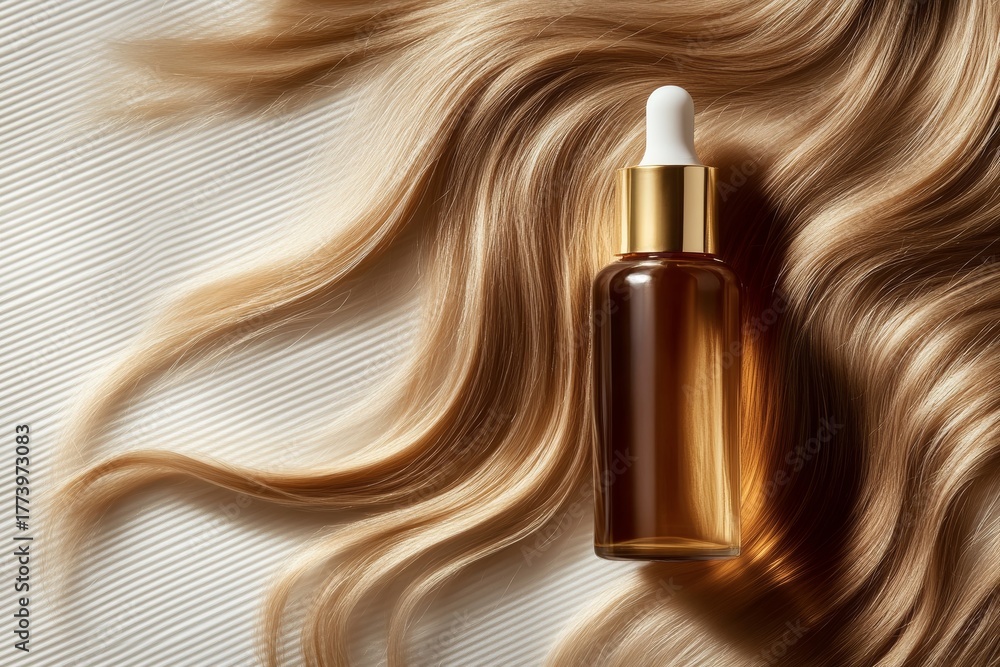 Naklejka premium Luxurious hair oil bottle on flowing blonde locks