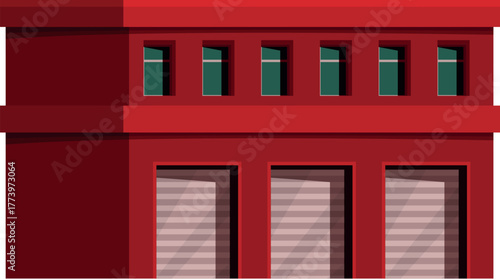 Red firehouse building showcasing closed garage doors, ready for emergency response