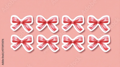 Vintage Red Bow Stickers on Pink Background, Ideal for Poster, Card, Gift Wrap with Stylish Design for Celebration, Greeting and Decor Concepts