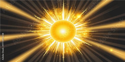 The bright golden sun with rays is an explosion of yellow and orange light, a warm star shining in the summer sky